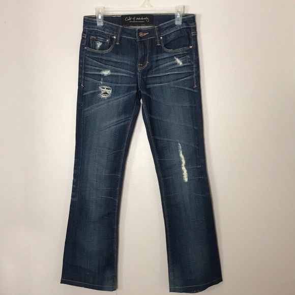Cult of individuality dark denim cotton distressed bootcut jeans size 27 - Picture 1 of 12